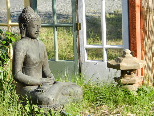 Sitting Buddha, American concrete, Japanese stone lantern, front yard, Broadview, glass panels, grass fence, grass,  Seattle, Washington, USA by Wonderlane