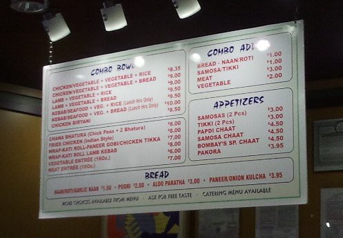 bombay's menu
