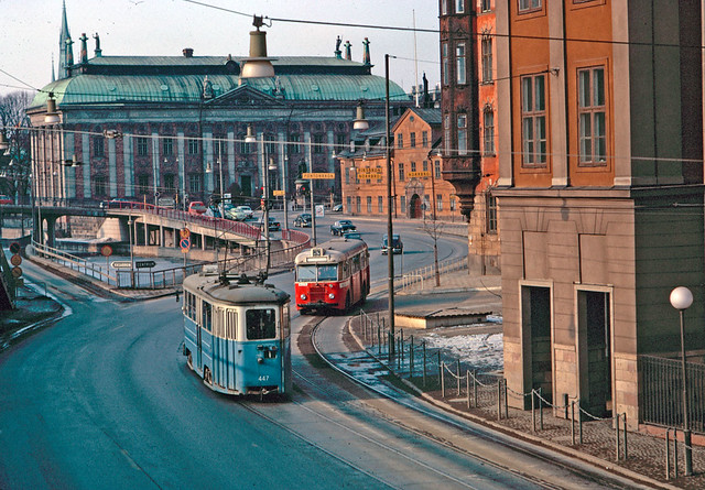 Bus and tram on Munkbron in Stockholm 1964