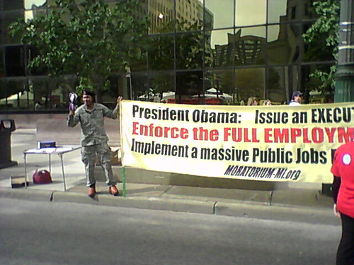 Banner produced by the Moratorium NOW! Coalition for the Labor Day march in Detroit urging President Barack Obama to issue an executive aimed at enforcing the full employment act. Obama would speak later the same day. (Photo: Abayomi Azikiwe) by Pan-African News Wire File Photos