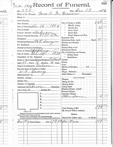 Anastasia N Hawver Mortuary Record 1906