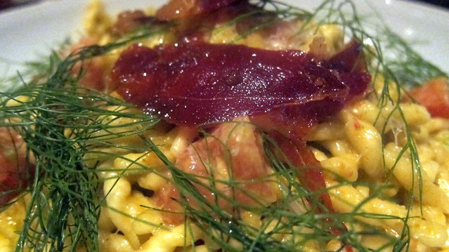 crisp speck over trofie pasta at one eared stag