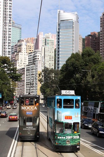 Hong Kong trams #79 and #66 cross at Causeway Bay