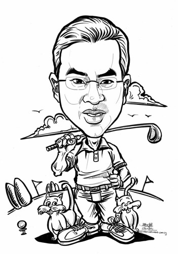 Golfer caricature with 2 cats