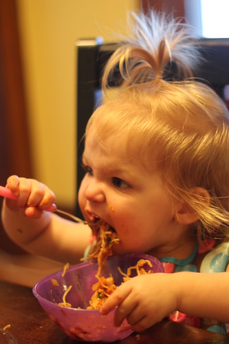 Annie eating Mexican Spaghetti
