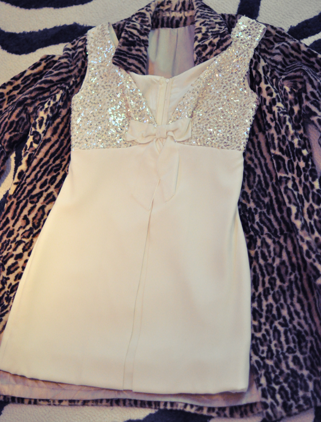 60's wedding reception dress and leopard coat