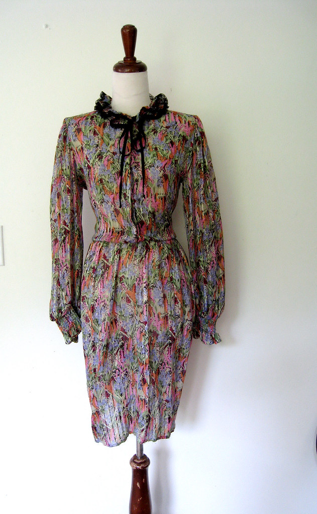Ruffle Collar Sheer Silk Dress, vintage 1980s