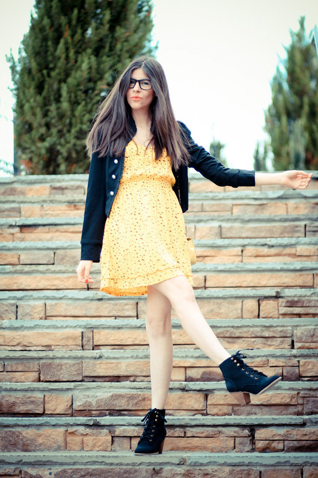 Modcloth Yellow Dress, Vintage Chanel bag, Ankle boots, Fashion outfit, Glasses