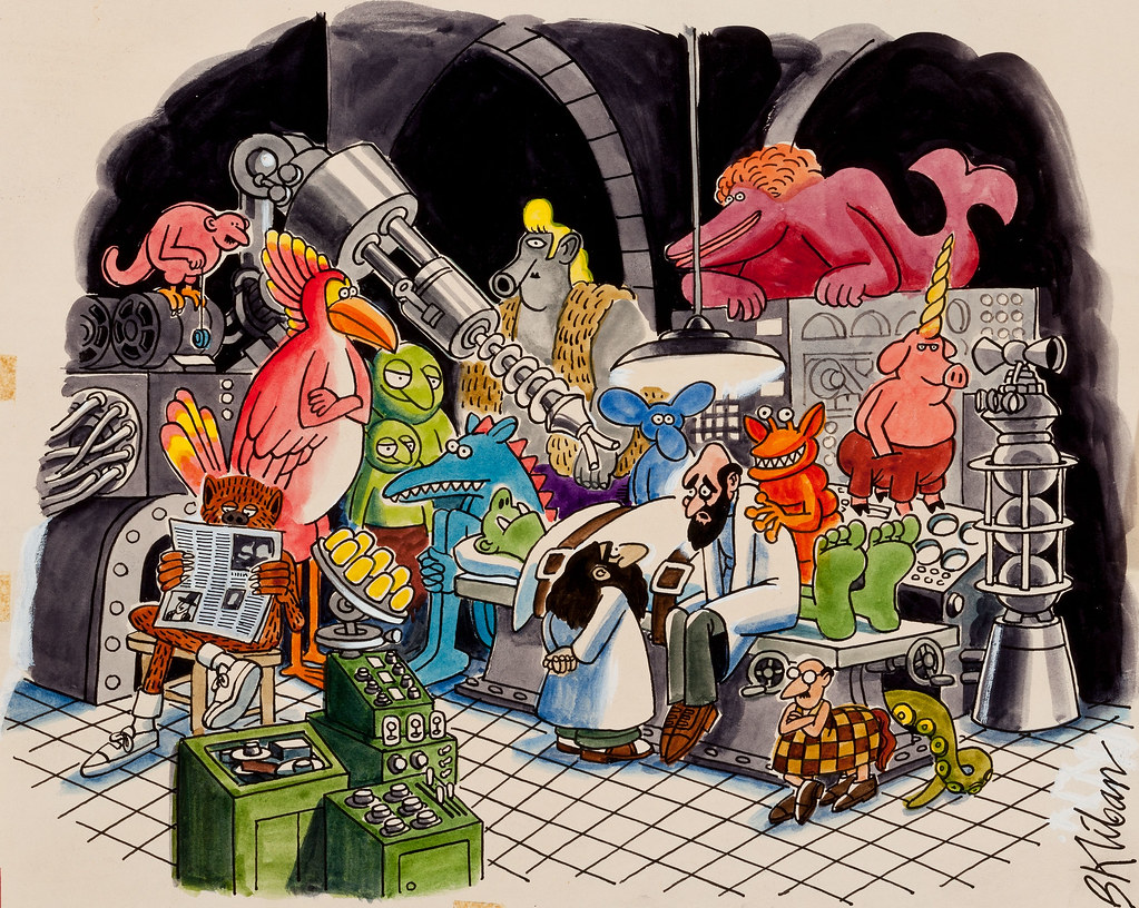 Bernard Kliban - "I Spend Twenty Seven Years Making Monsters and What Does it Get Me?...A Room Full of Monsters!", Playboy cartoon illustration, page 251, June 1972