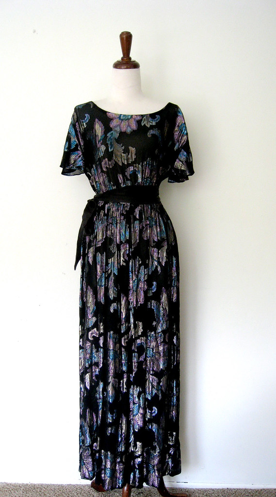 Glistening Flowers Sheer Black Flutter Sleeve Dress, vintage 1980s