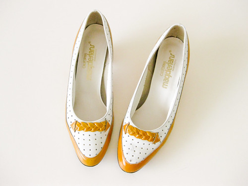white & yellow patent heels