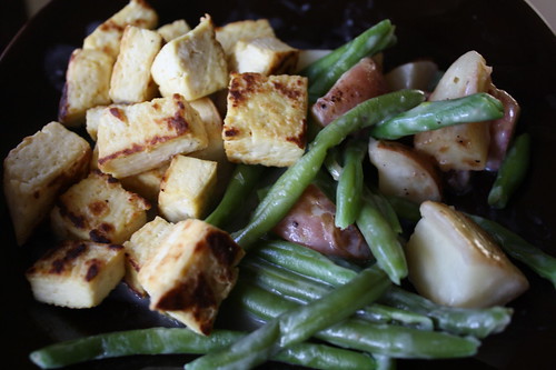 Tofu and birds eye green beans and roasted potatoes