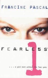 Book cover for Fearless #1 by Francine Pascal. The cover is white with a photo strip of only a pale woman's blue eyes about halfway up. There is a giant pink "1" on the bottom half of the cover.