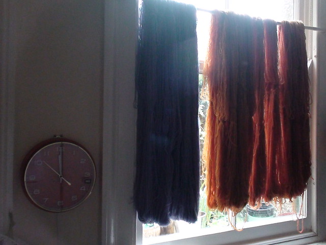 Darkened by drying yarn