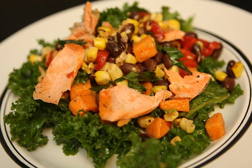 Kale with Salmon, Grilled Corn, Red Pepper, Sweet Potato, and Black Beans