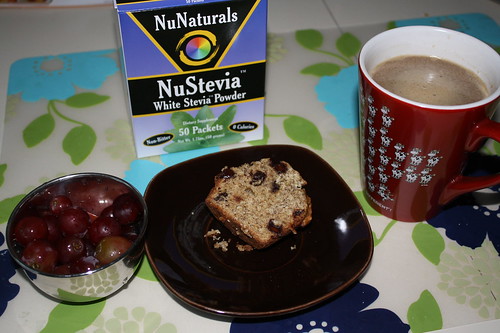 red grapes, banana chocolate chip muffin, coffee, stevia