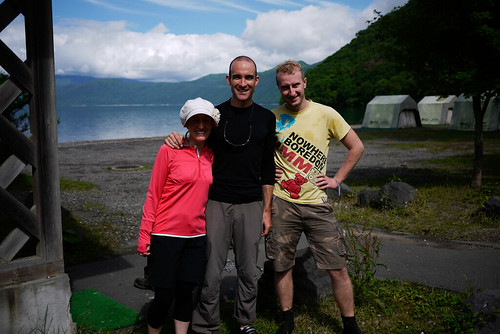 The merry troupe of three (Haidee, Rob, and couchsurfer Cezary) at Lake Shikotsu, Hokkaido, Japan