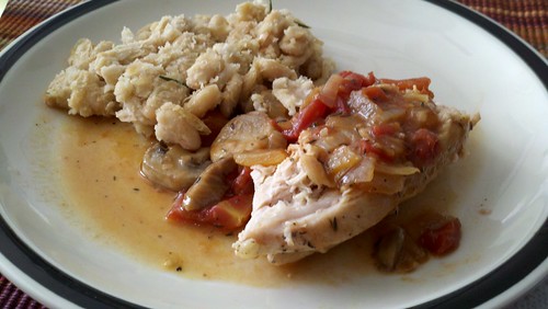Chicken Chasseur with mashed garlic white beans
