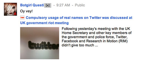 Compulsory usage of real names on Twitter was discussed at UK government riot meeting
