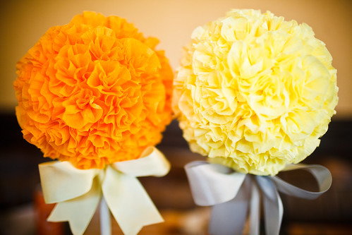 yellow orange topiaries white silver tablecloths runners wedding 