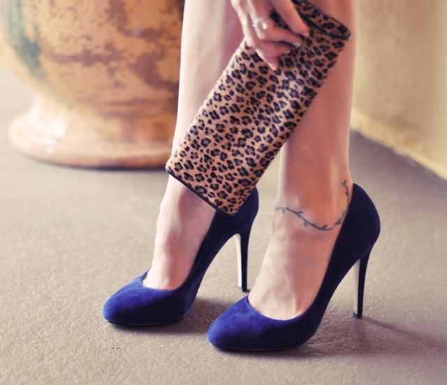 aldo blue suede shoes   and calf hair leopard print clutch