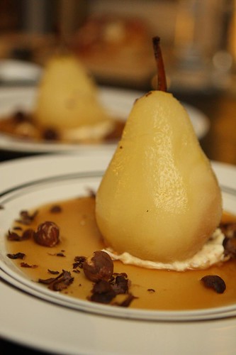 Tripel Poached Pears Stuffed with Mascarpone and Toasted Hazelnuts