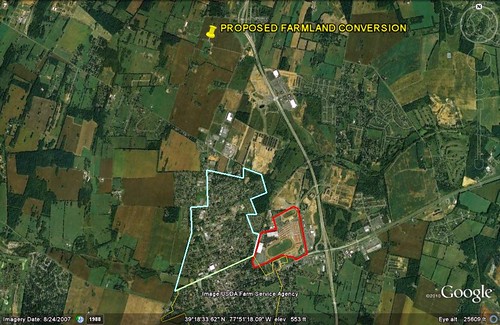 under planning, the Clayhill farmland would be converted to development (image via Google Earth)