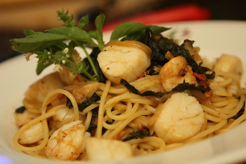 Spaghetti with Fennel, Tomato, Spinach, Scallops, Shrimp, and Lime Basil