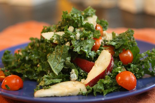 Red Clap Pear Salad with Kale, Danish Blue Cheese and Sun Gold Cherry Tomato