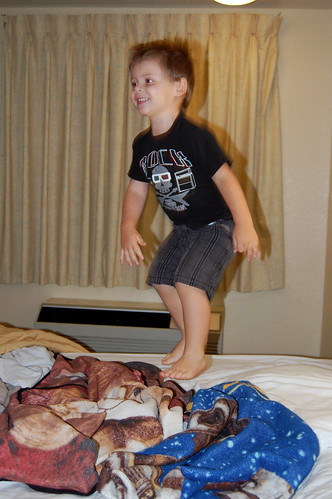 One little monkey jumping on the bed.