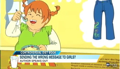 a screenshot of an ABC news video of the book Maggie Goes on a Diet. The spread features Maggie, a chubby white teen, happily eating a bowl of cereal while imagining a pair of jeans. The news caption accompanying it reads Controversial Diet Book: Sending the wrong message to girls? 