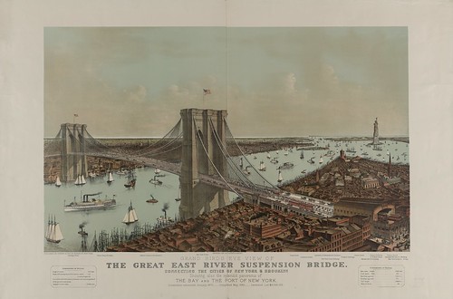 Grand birds eye view of the Great East River suspension bridge Connecting the cities of New York & Brooklyn - Showing also the splendid panorama of the bay and the port of New York.