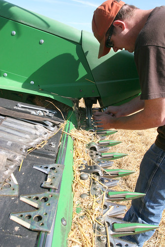 Leon fixes a broken knife on our header.