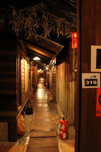 The hallway at Suk 11, designed to look like an old wooden walkway