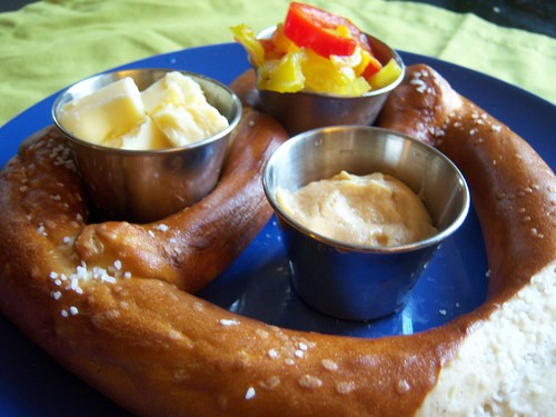 Pretzel with SchoolHouse Kitchen Mustard, Homemade Pickles, and Seaside Cheddar