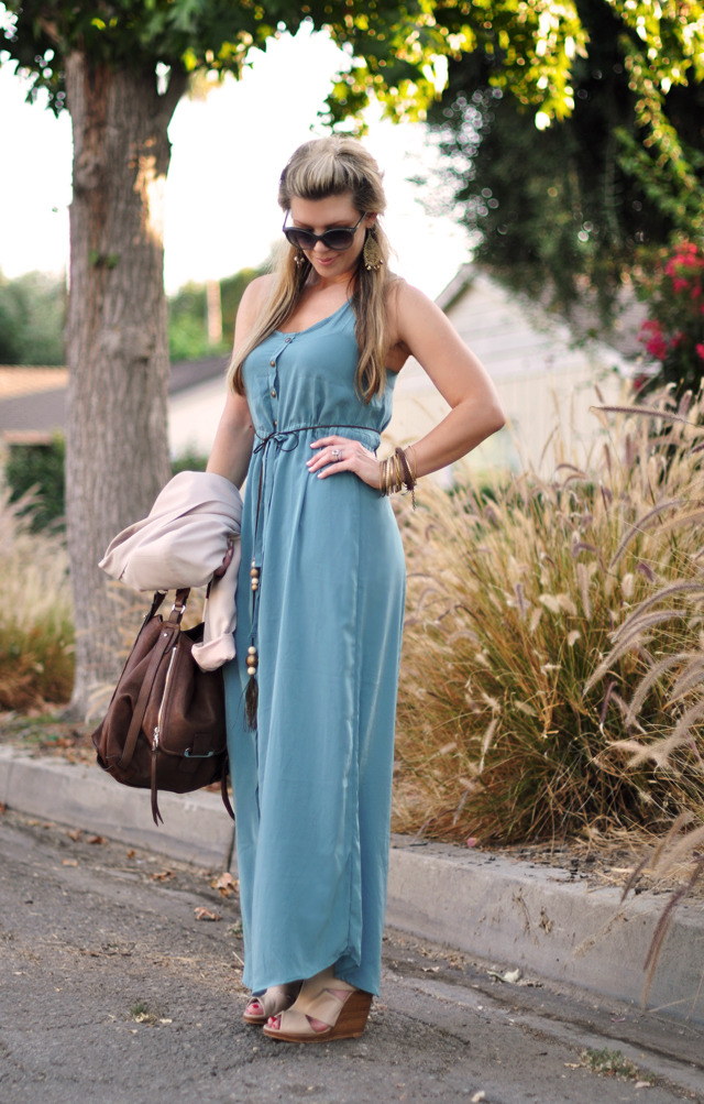 button down maxi with  kooba bag   and nude wedges
