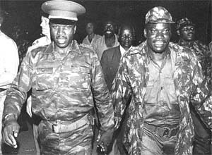 Comrades-in-arms: Zipra commander Lookout Masuku (left) and then Zanla deputy commander Rex Nhongo on their return to Zimbabwe in 1979 after organising and leading the liberation struggle from outside the country. by Pan-African News Wire File Photos