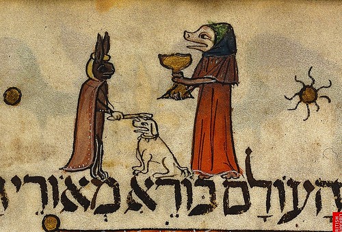 Pig like figure lifting the first cup of wine and hare placing a stick on dog's head.  Spain (Barcelona) c. 1340. Add 14761 BL by tony harrison