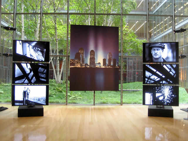 Large portrait of Tribute in Light and video screens