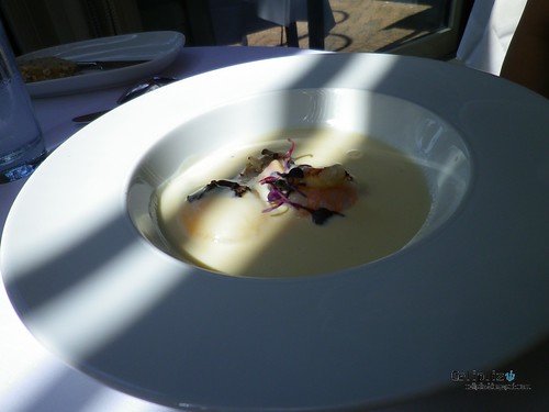 Creamy onion bisque with lobster knuckle, oyster, spot prawn, slow cooked egg