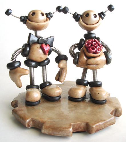 Robot Wedding Cake Topper Custom Silver Black with a touch of Grungy by 