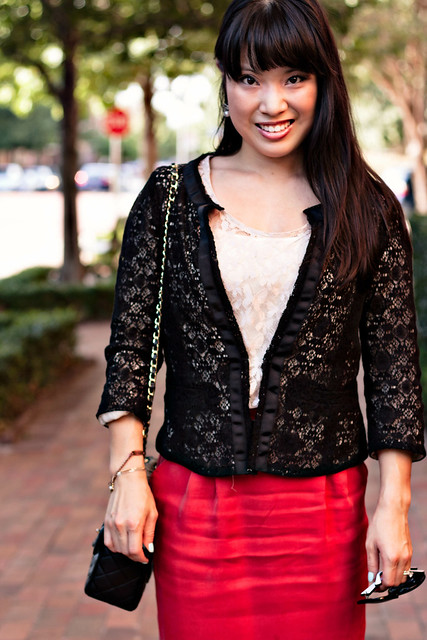 urban outfitters chiffon lace cardigan forever 21 dusty pink lace tee, forever 21 red tencil skirt, bebe zahara black slingbacks, jewelmint forever yours bracelet, chanel lambskin m/l classic flap