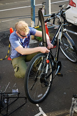 Couchsurfer Cezary putting together his secondhand bike in Sapporo, Japan