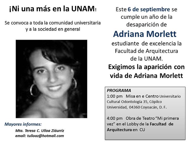 Exigimos la aparición con vida de Adriana Morlett, 6 de sept, Fac. de Arquitectura UNAM