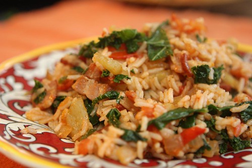 Bacon Tomato Rice with Kale, Lilac Peppers, and Serrano Chilies