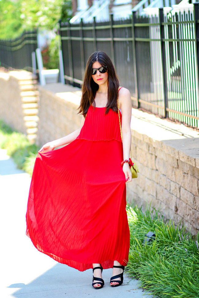 Red Pleated Maxi Dress, Fashion Outfit, LAMB Gwen Stefani Heels, Chanel bag