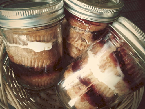 Altered Banana Muffins in Jars (layered with raspberry preserves and cream cheese)