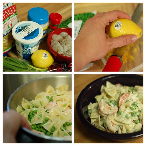Pasta salad with shrimp, peas and herbs