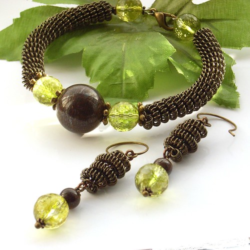 Coiled wire gemstone bracelet and earrings