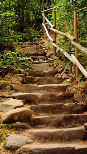 Stone slab staircase with wooden pole hand rails, Breitenbush Hot Springs, Breitenbush, Marion County, Oregon, USA by Wonderlane